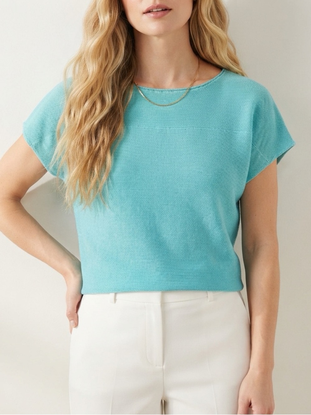 Coldwater Creek Turquoise Silk Blend Cap Sleeve Ribbed Yoke woven knit top